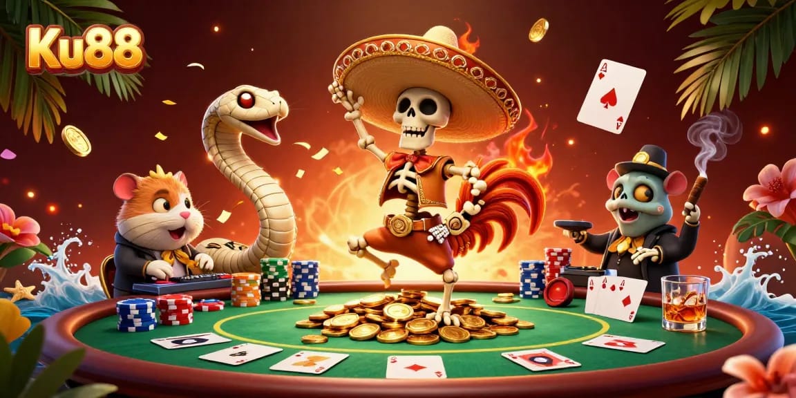 Engage in thrilling poker action with Ku88's vibrant casino scene showcasing animated characters.