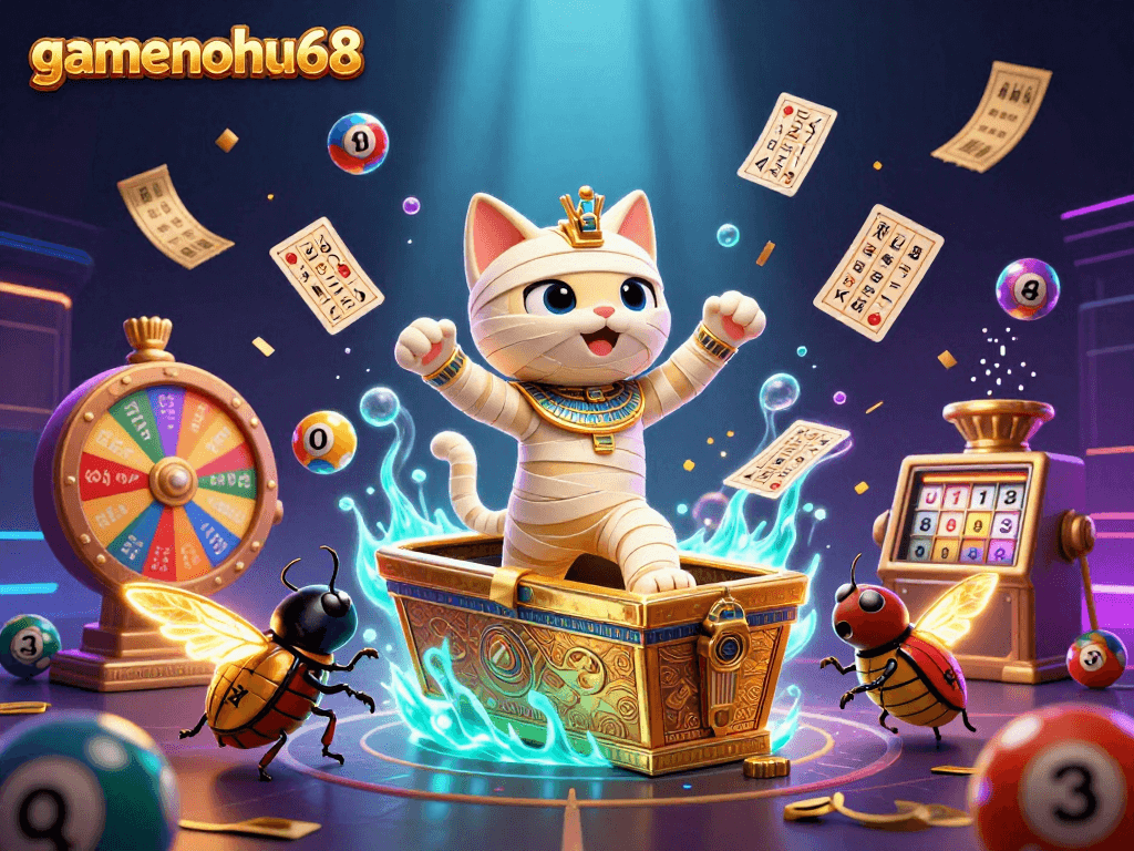Join gamenohu68's thrilling adventure with a 3D Egyptian mummy cat in a vibrant casino scene!