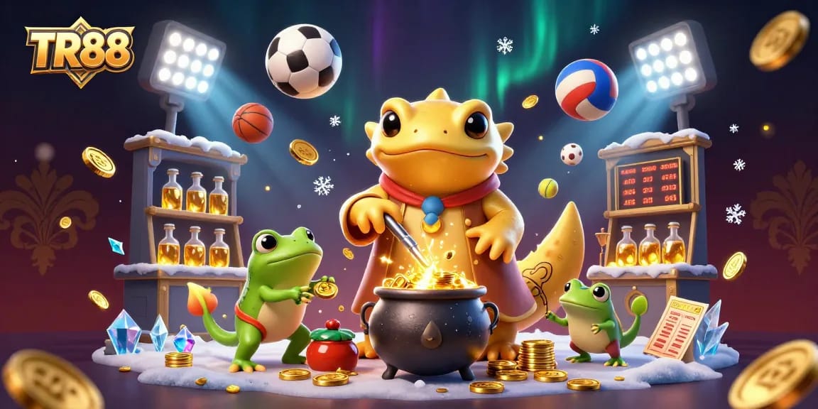 Engage with TR88's dynamic gaming scene showcasing a golden salamander alchemist and sports elements.