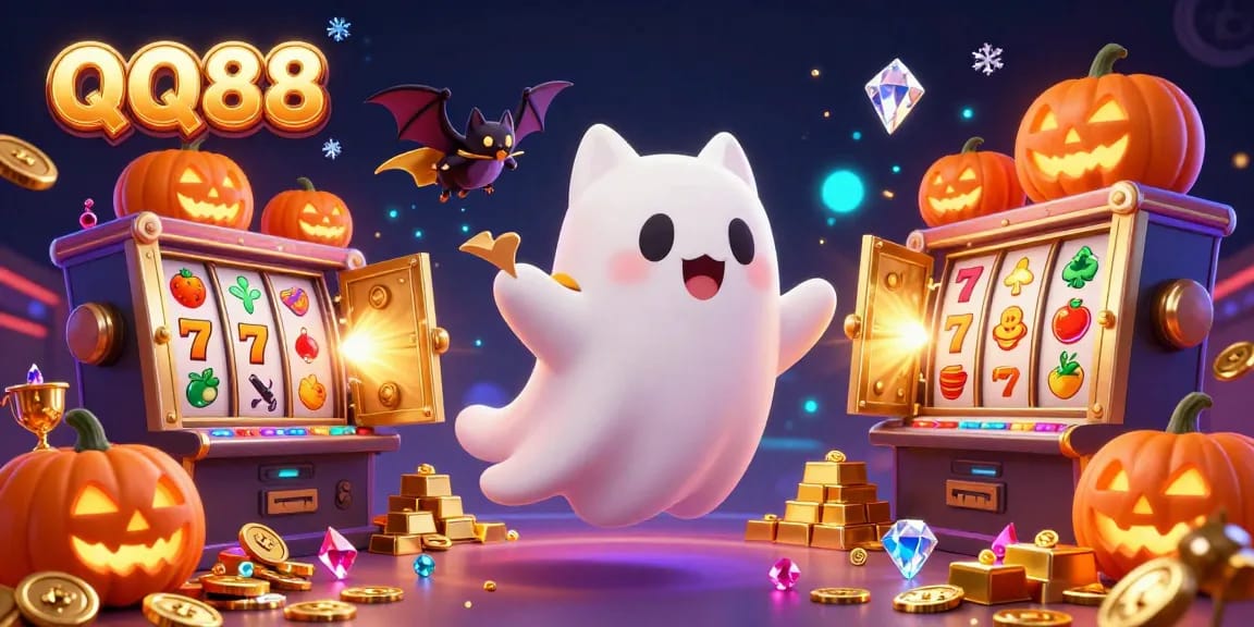 Engage with thrilling gaming at QQ88 featuring festive characters and vibrant casino elements.