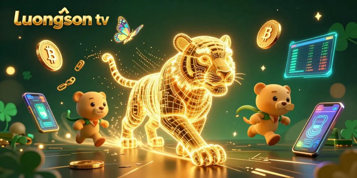Engage with the thrilling world of luongson tv, featuring vibrant neon designs and cryptocurrency elements.