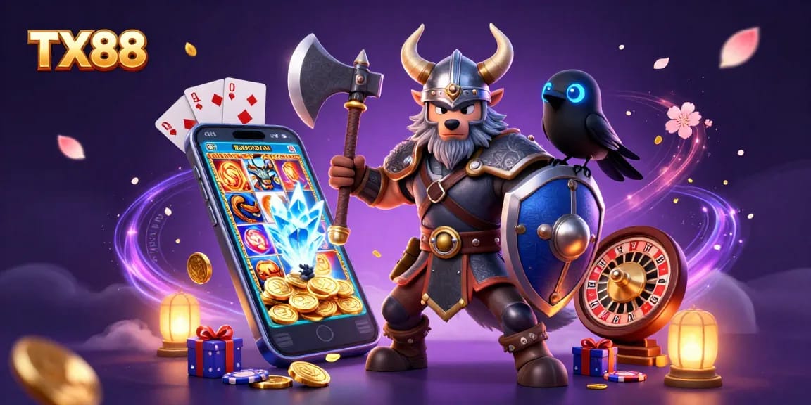 Experience thrilling gaming excitement at TX88 with a Viking warrior, dragon, and rich casino elements.