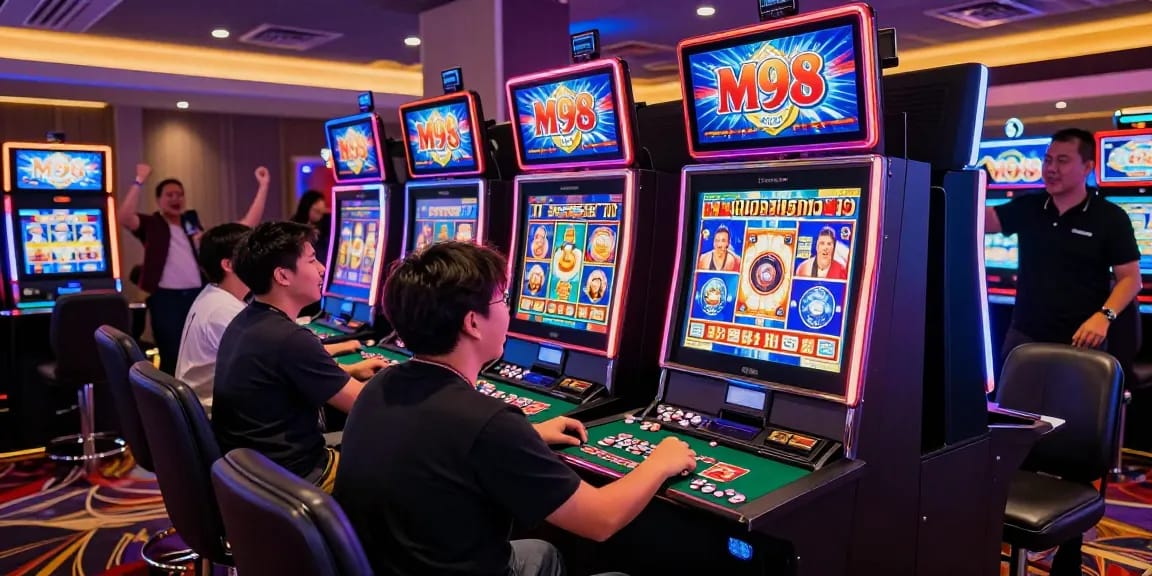 Players celebrating a win on the M98 สล๊อตเว็บตรง slot machine in a lively casino setting.