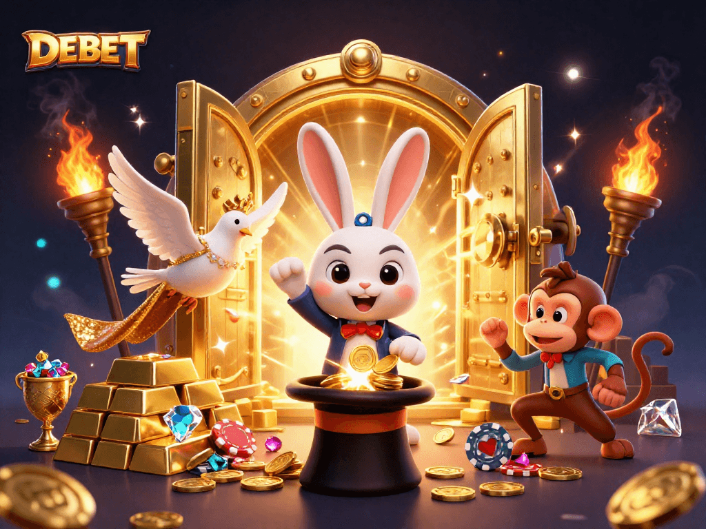 Experience the magic of DEBET as a playful rabbit conjures golden coins in a vibrant casino scene.