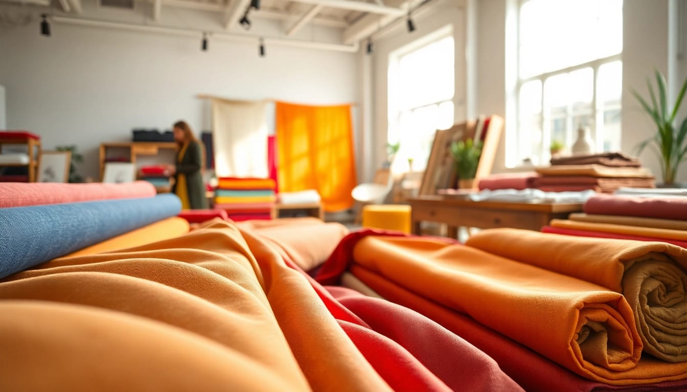 Explore stoffen online for a vibrant showcase of colorful fabrics and textures in an inviting studio setting.