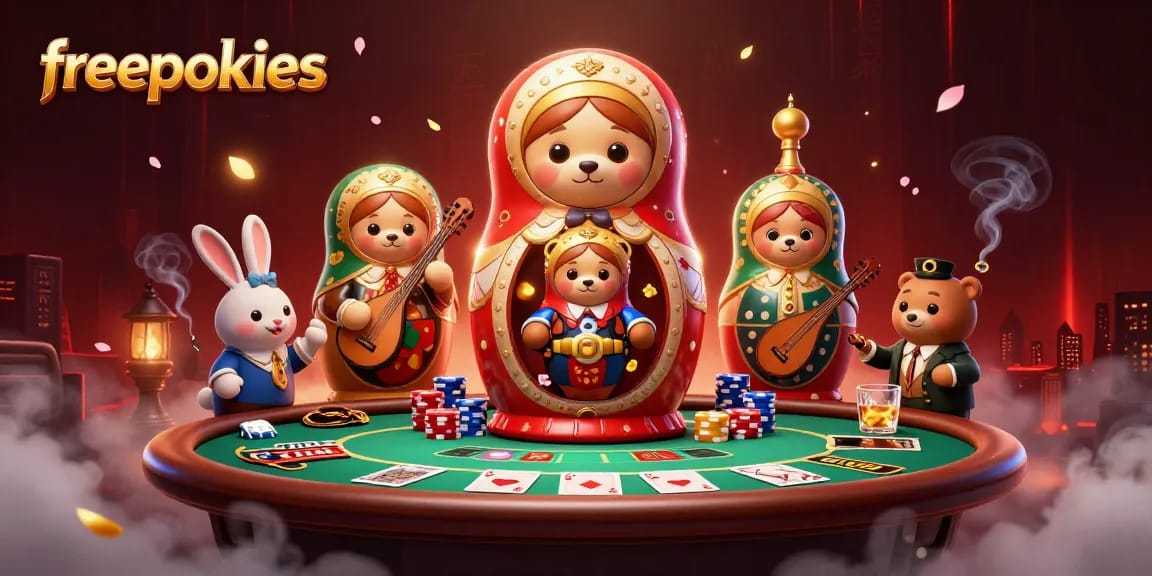 Experience exciting freepokies gameplay among vibrant casino elements with cartoon characters.