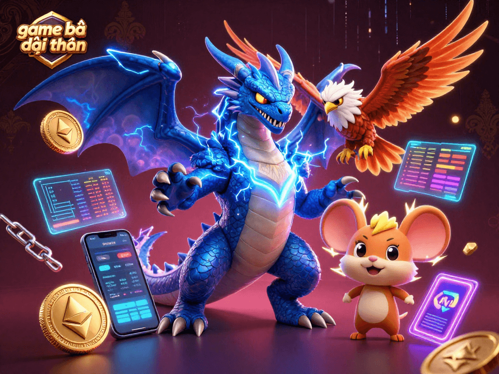 Experience game bài đổi thưởng through a vibrant scene featuring mythical characters and dynamic game elements.