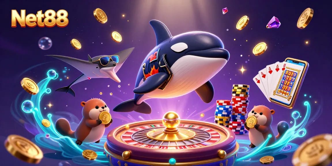 Win big with Net88 in this vibrant 3D underwater casino scene featuring playful sea creatures.
