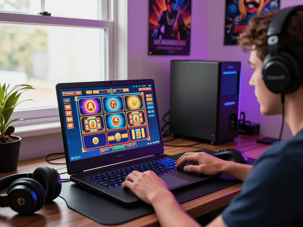Pengalaman bermain slot88 yang seru dengan fokus pada layar dan aksesori gaming.