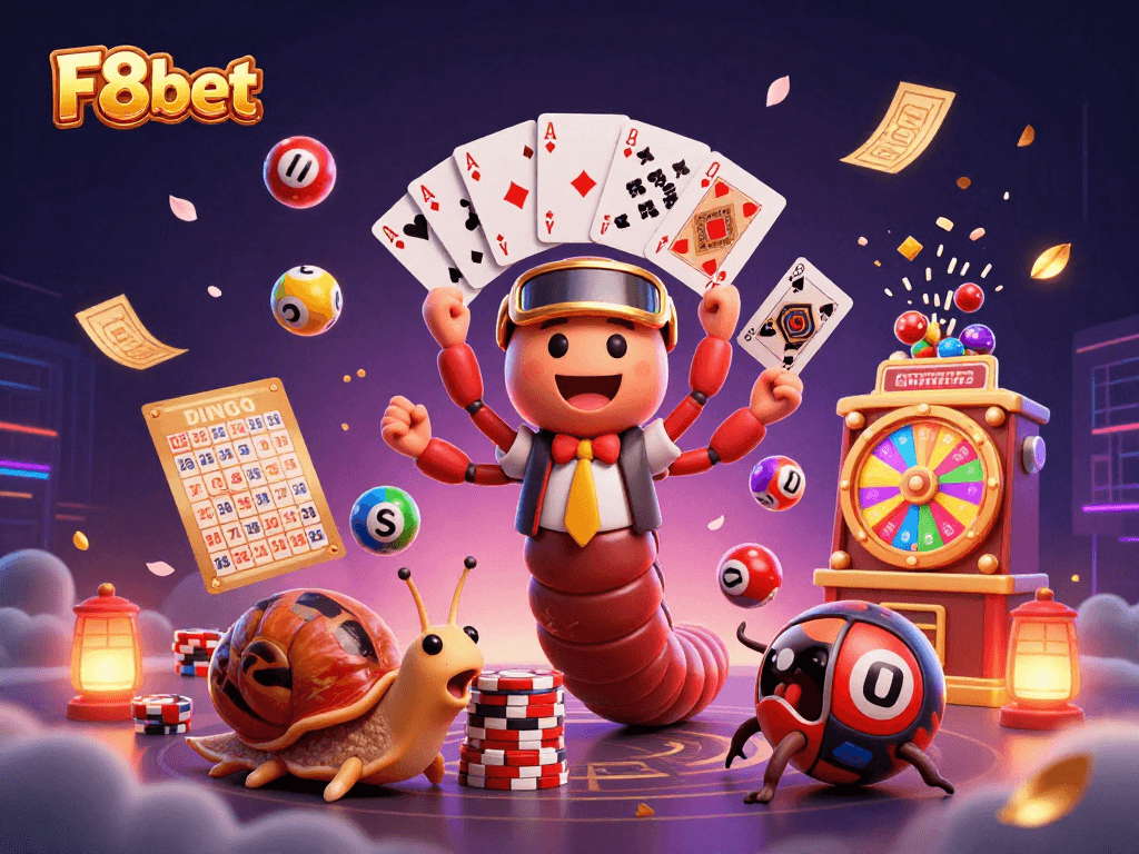 F8bet showcases excitement with a cartoon dealer and vibrant lottery elements in a dynamic casino scene.