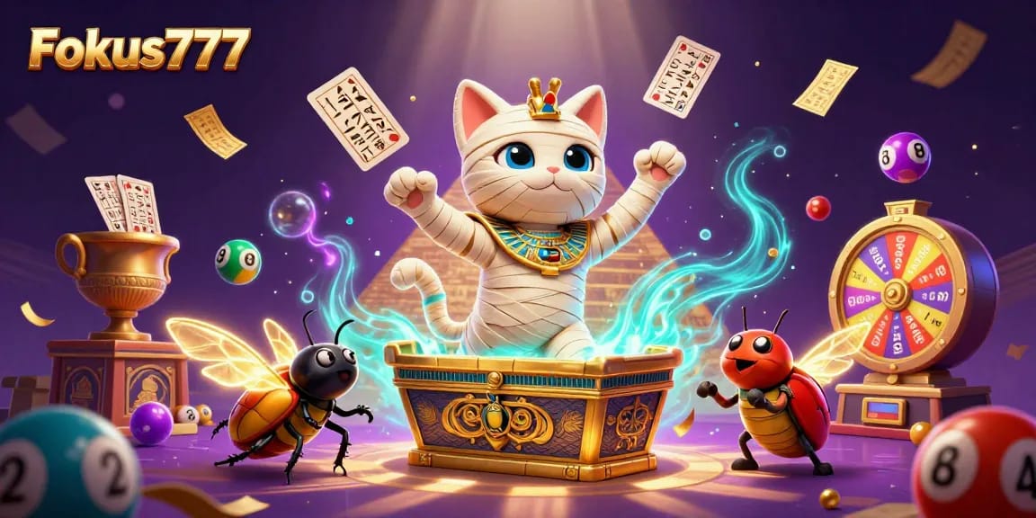 Play exciting games like Fokus777 with a cartoon Egyptian mummy cat bursting from treasure!