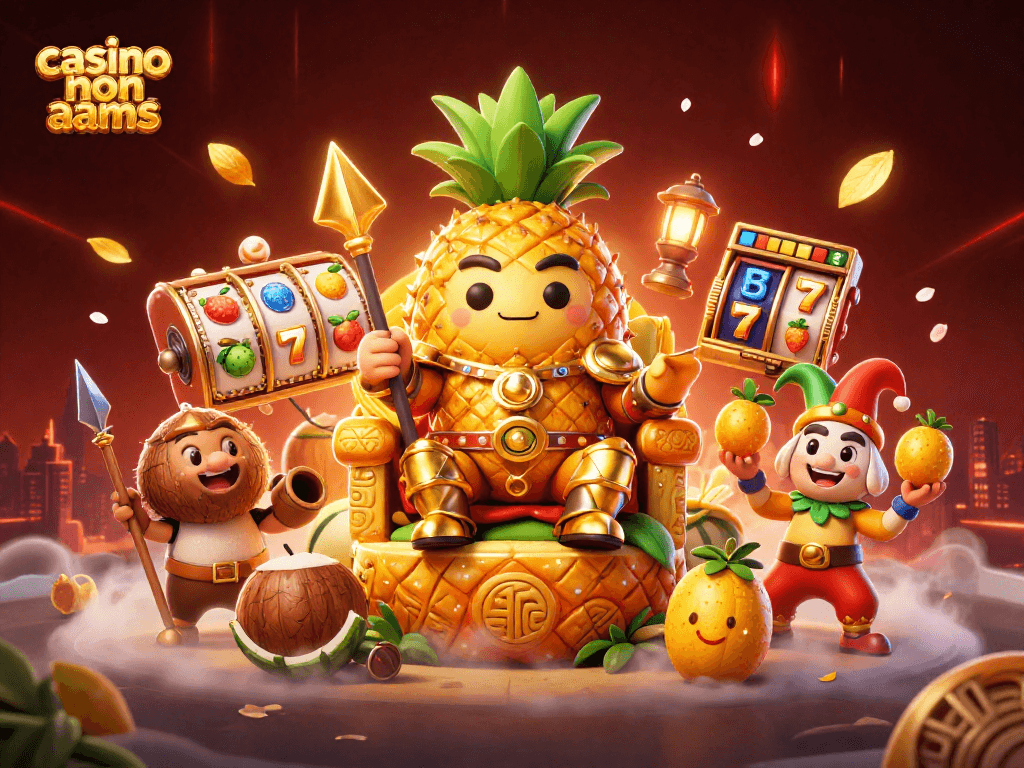 Giocando ai casinò non AAMS con il re ananas e personaggi vivaci in un'illustrazione animata.