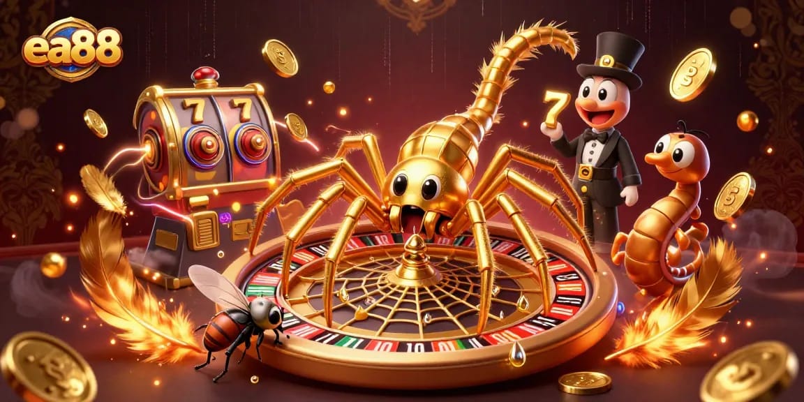Spin the roulette wheel with ea88's captivating golden spider, surrounded by vibrant gaming elements!