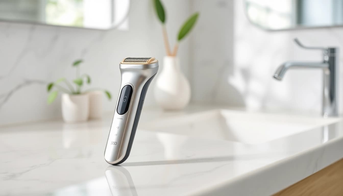Mini electric shaver placed stylishly on a vanity, showcasing its sleek design and usability.