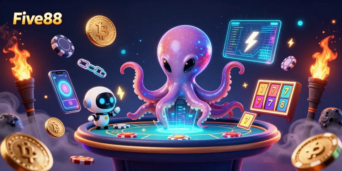 Experience the excitement at Five88 with an alien octopus mastering a holographic poker table in a cosmic setting.