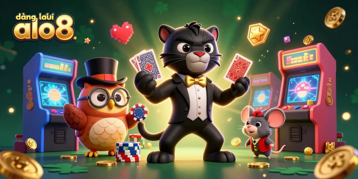 Engage with exciting gameplay at đăng ký alo8 with a lively 3D card dealer scene featuring a stylish panther, an owl, and a lucky mouse.