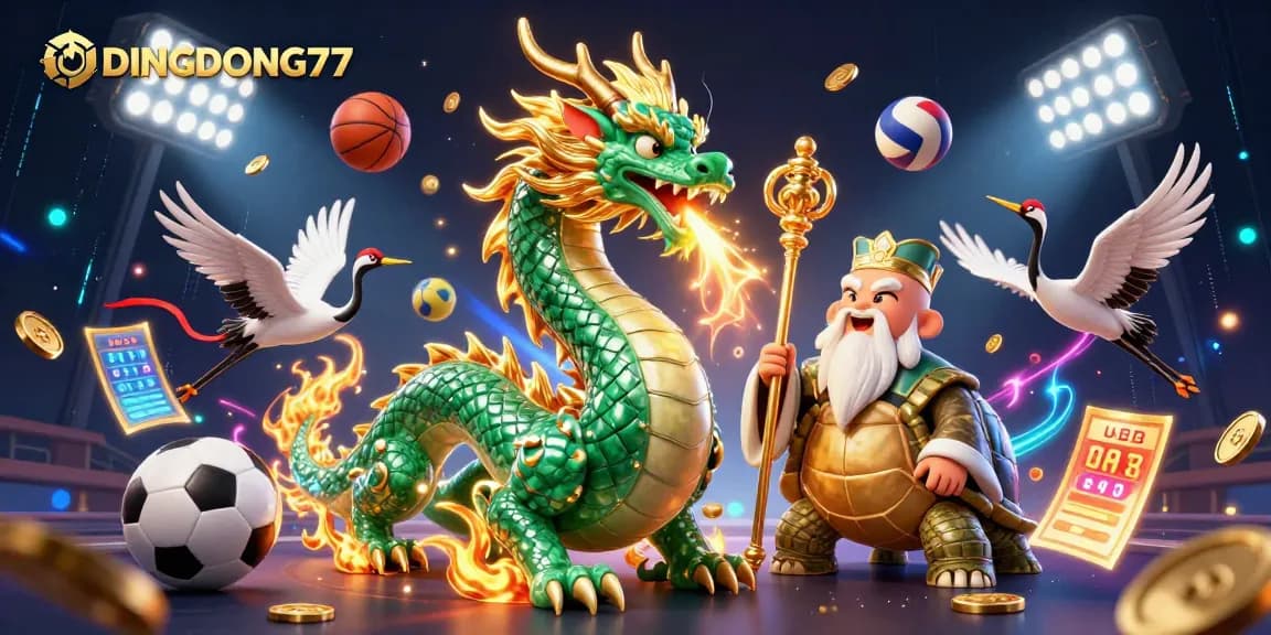 DINGDONG77 showcases thrilling gaming elements, featuring a jade dragon and lucky symbols in a vibrant casino scene.