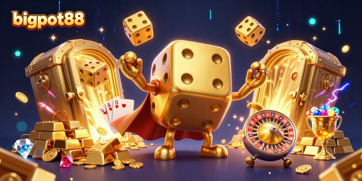 Jelajahi jackpot besar di bigpot88 dengan ilustrasi 3D komprehensif yang menggambarkan elemen kasino yang menarik.
