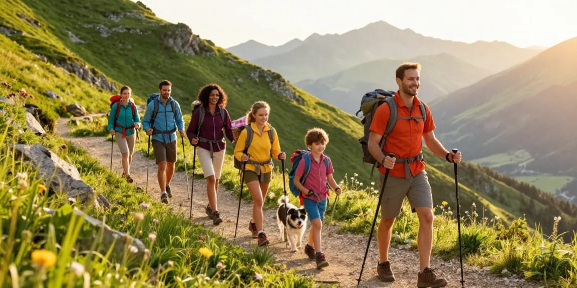 Family enjoying adventure with mantra88 in scenic mountain landscape during golden hour.