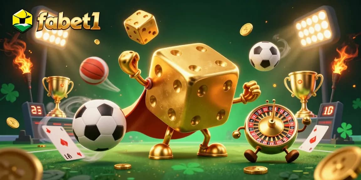 fabet1 showcases a thrilling sports betting scene with dynamic sports elements and a golden dice golem.
