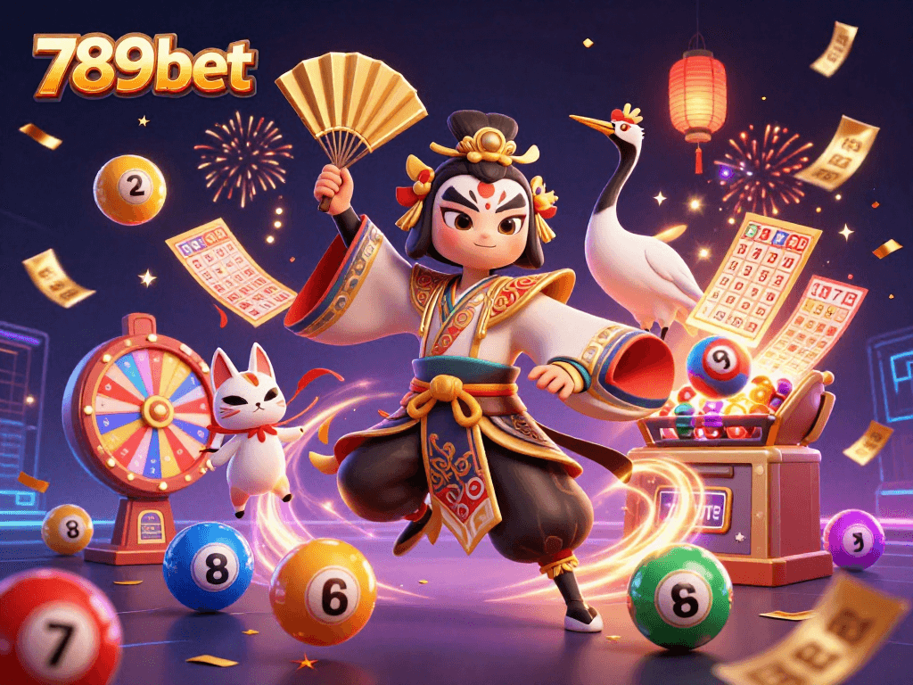 Engage with the exciting world of 789bet through a vibrant illustrated scene of a kabuki warrior and festive elements.