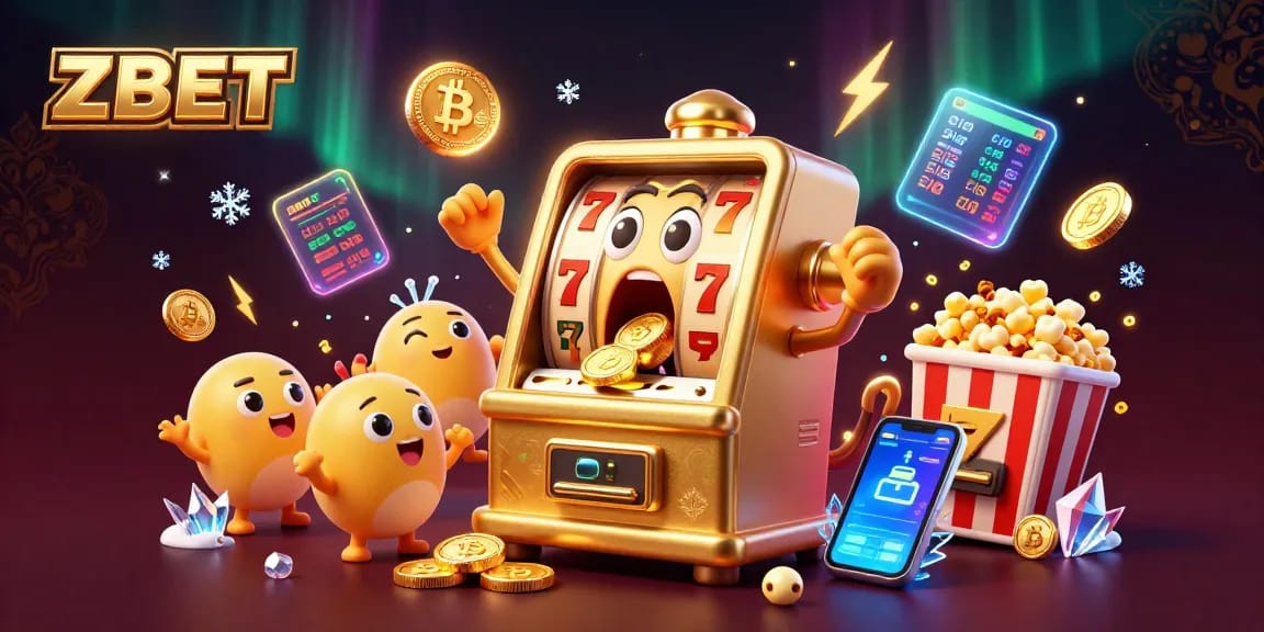ZBET ignites excitement in a vibrant slot-themed scene with joyful characters and dazzling graphics.