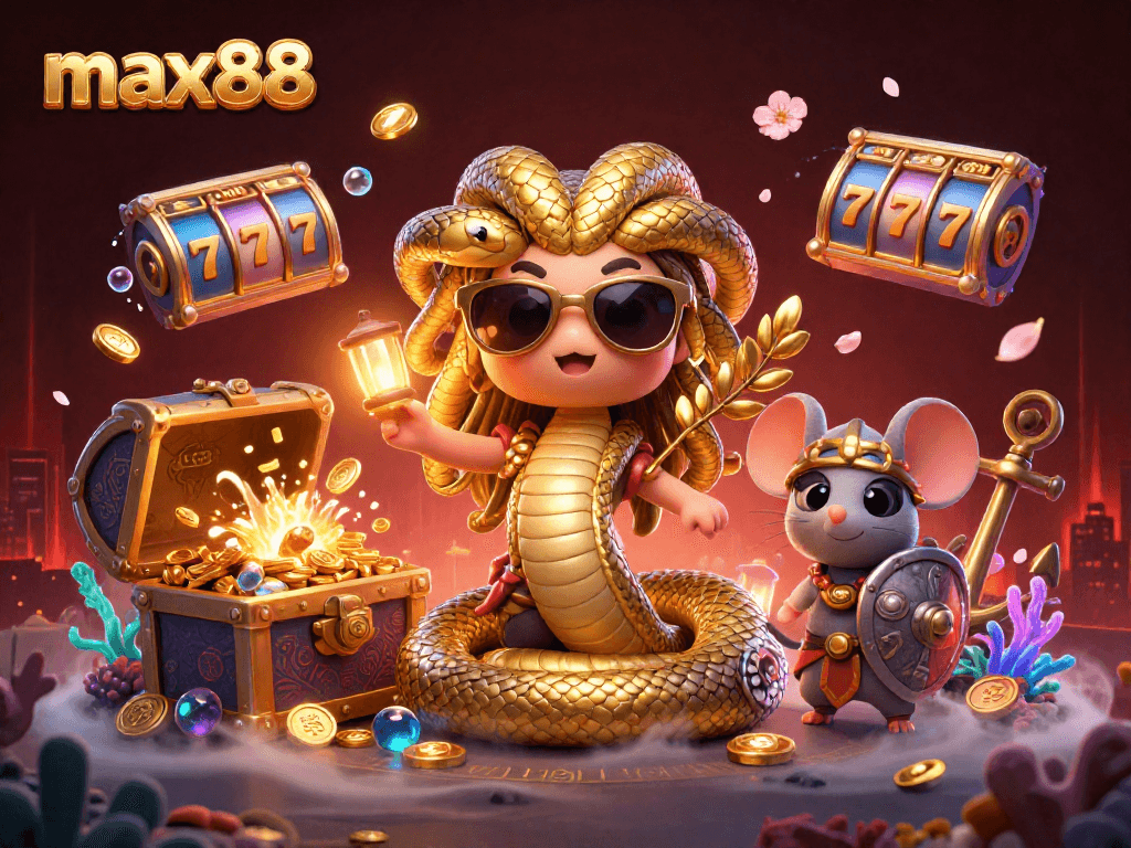 Dynamic illustration featuring max88, Medusa, a warrior mouse, and casino elements for an engaging experience.