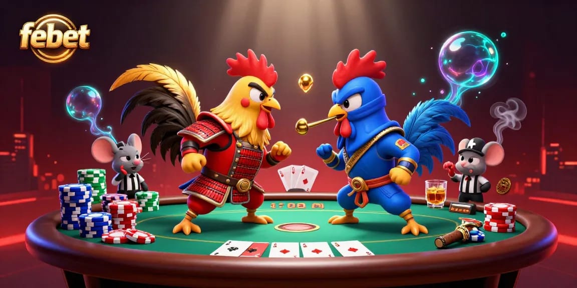 Bet and win at febet: Twin roosters in combat among vibrant casino elements.