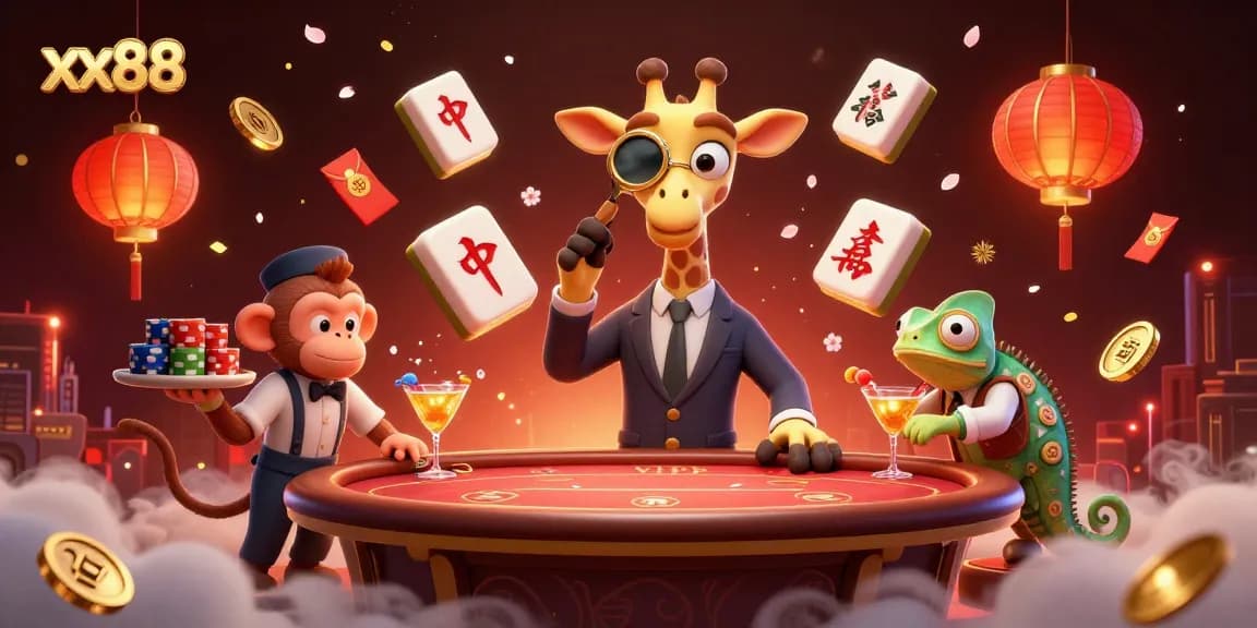 Experience thrilling gameplay at xx88 with a vibrant casino scene featuring a high-roller giraffe and animated elements.
