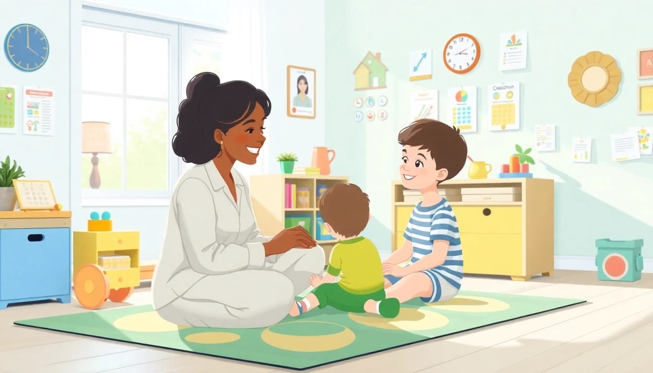 Child engaging with therapist while learning through ABA services in a colorful and welcoming environment.
