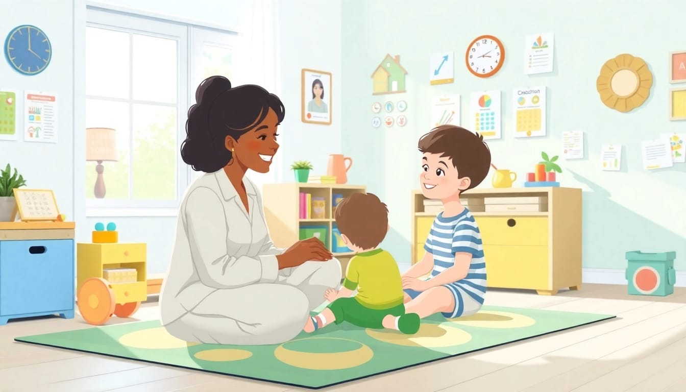 Child engaging with therapist while learning through ABA services in a colorful and welcoming environment.