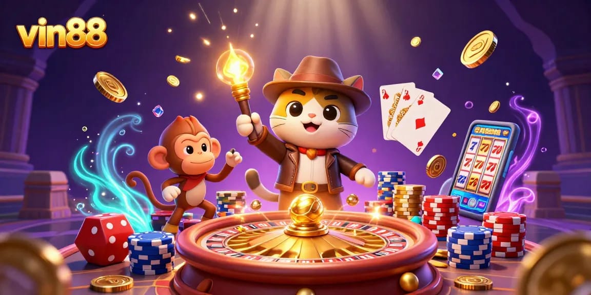 vin88 players enjoy discoveries in a vibrant casino scene as golden coins and gems cascade.