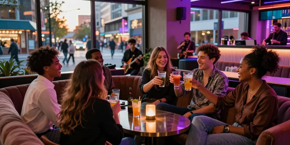 Friends enjoying a lively evening at a 유흥사이트 lounge, showcasing vibrant nightlife and stylish surroundings.