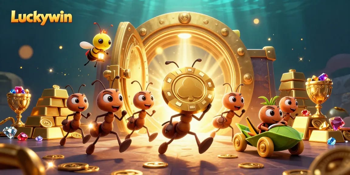 Luckywin ants engaged in a heist with a golden poker chip in a vibrant casino scene.