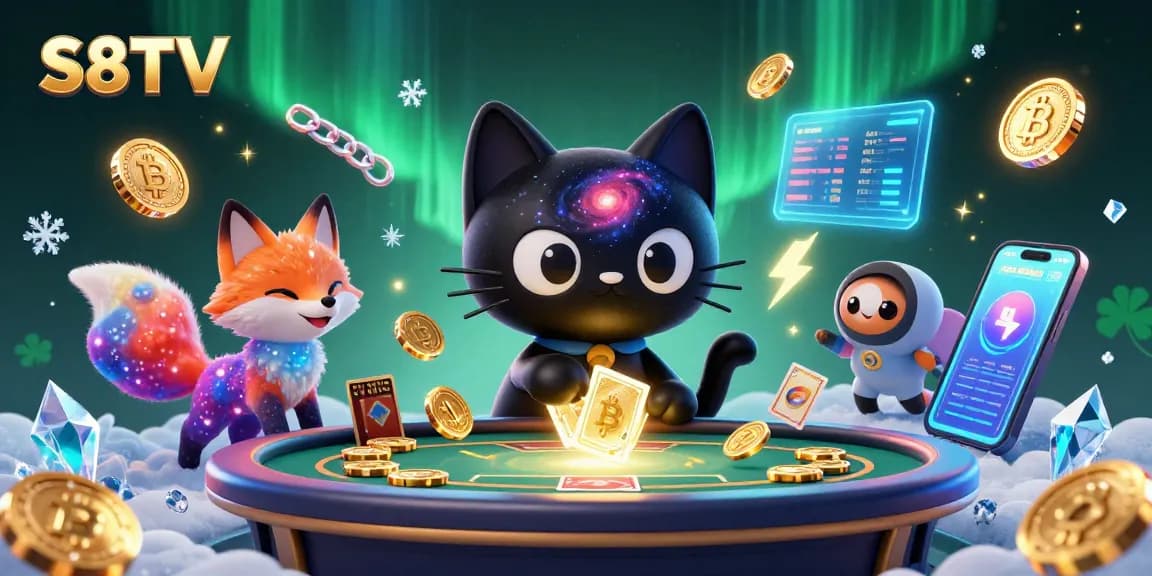 Experience S8TV with cosmic charm at a vibrant casino, drawing in golden chips and cards.