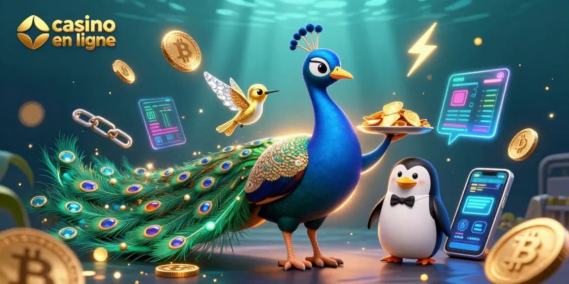 Jouez au casino en ligne avec des personnages 3D captivants : paon majestueux, pingouin serveur et colibri doré dans un décor ludique.