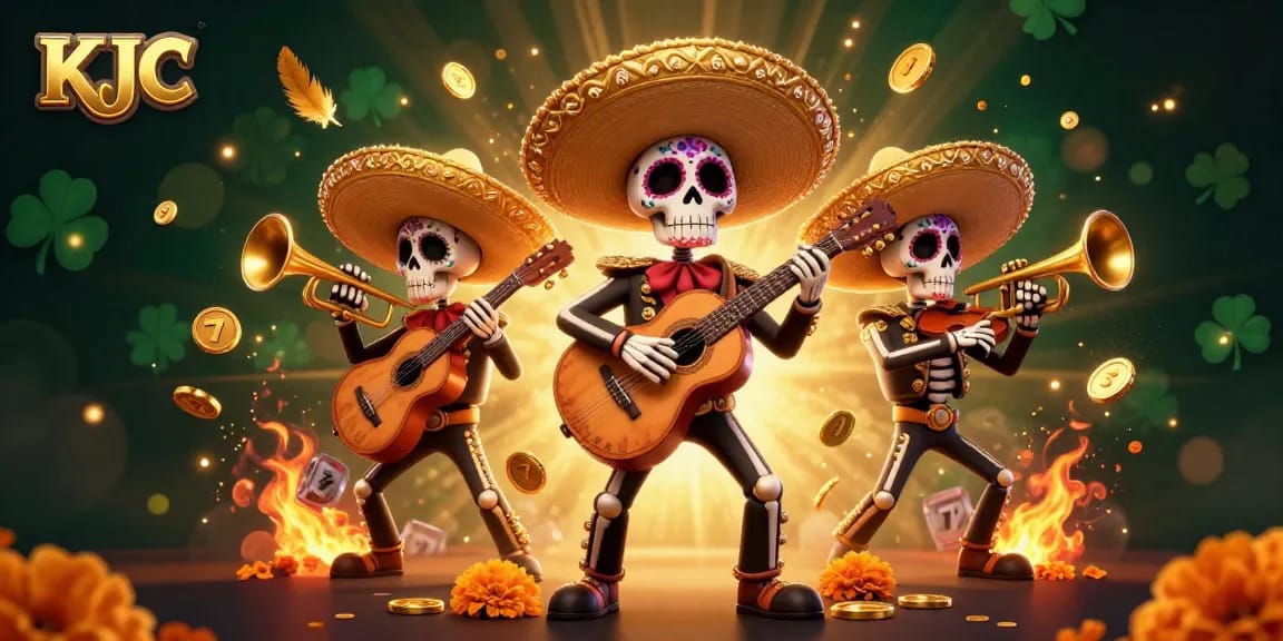 KJC players enjoying a vibrant slot game experience with colorful mariachi skeletons.