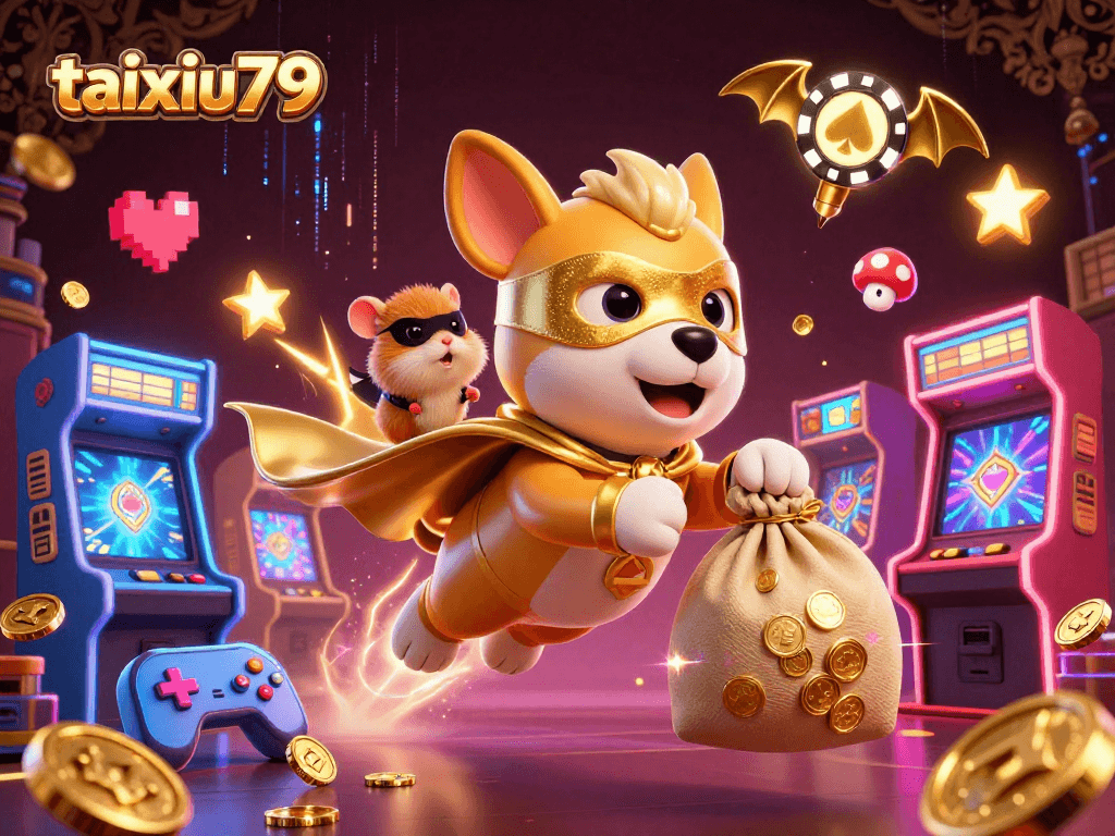 Experience thrilling gameplay at taixiu79 with a vibrant 3D casino-themed illustration showcasing superheroes and gaming elements.
