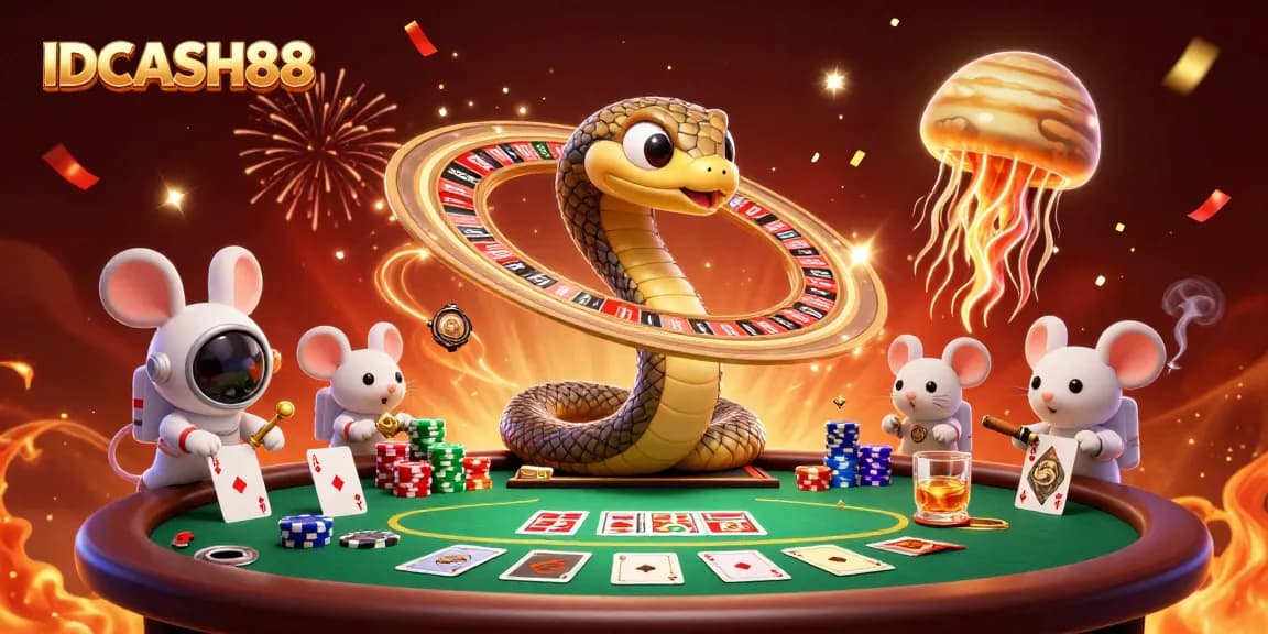 Engage in cosmic betting fun at IDCASH88 with vibrant poker elements and a dazzling dealer!