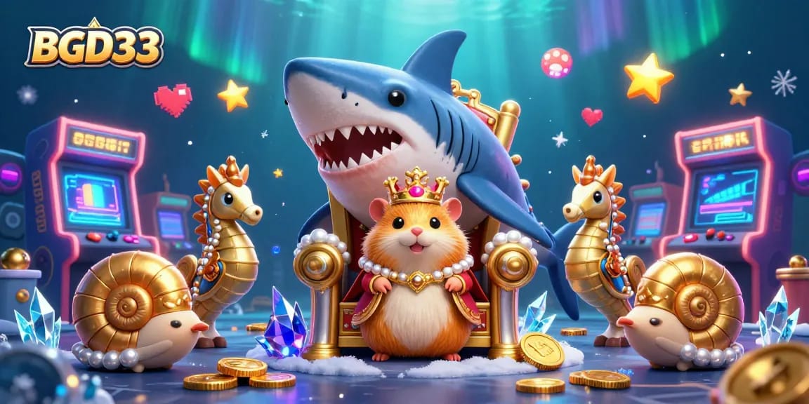 Experience gaming excitement with BGD33: A 3D underwater casino scene featuring a hamster king and vibrant game elements.