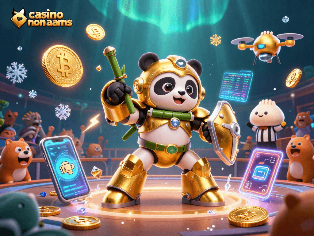 Giocare nei migliori casino non AAMS con un panda meccanico in un'arena, circondato da elementi di criptovaluta.