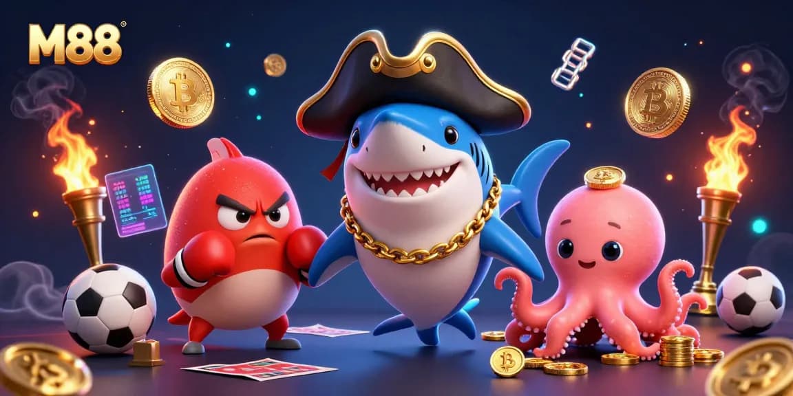 M88 showcases a vibrant scene with a pirate shark, pufferfish, and octopus betting on sports while surrounded by neon crypto coins.