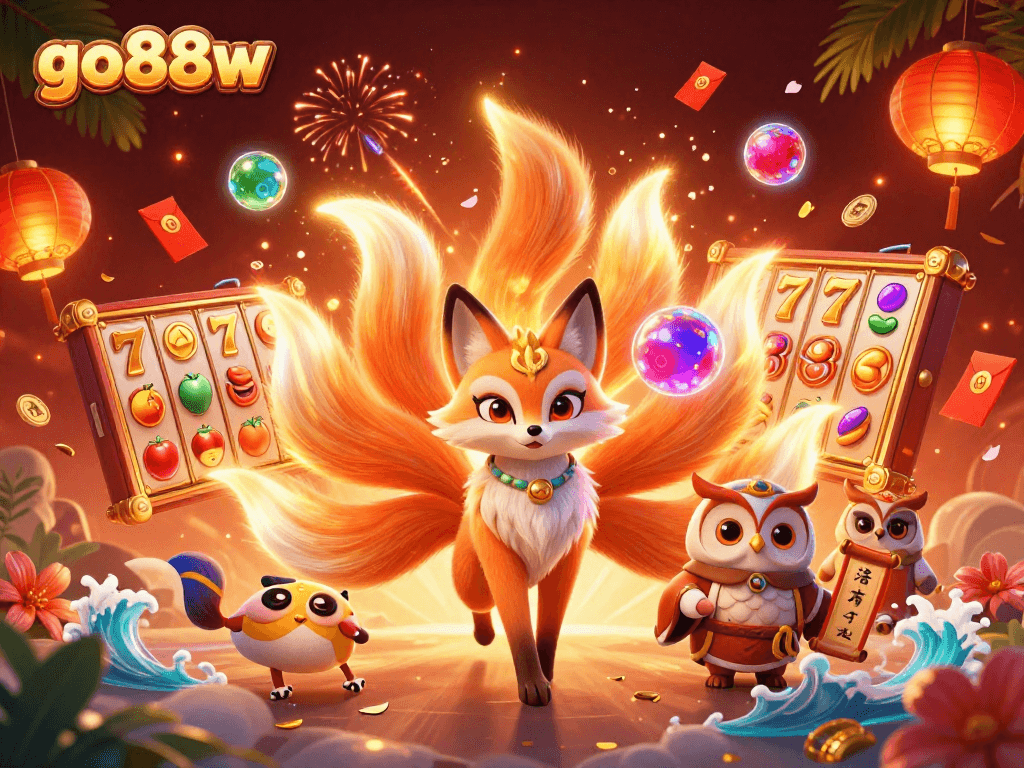 Experience exhilarating gameplay at go88w, featuring a vibrant 3D scene with magical characters and casino elements.