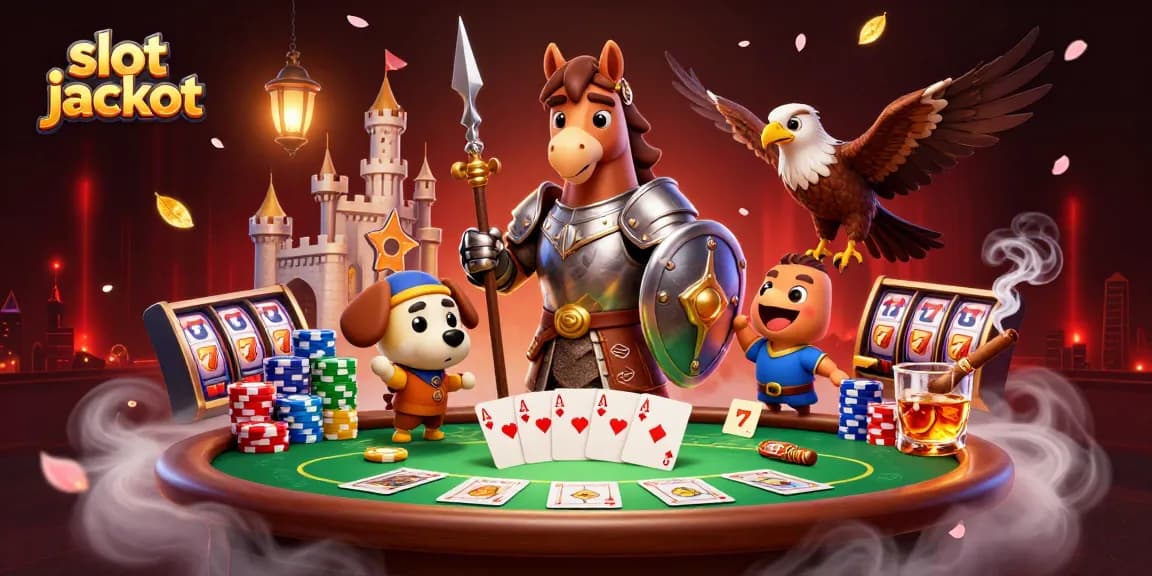 Spin to win big with slot jackpot as a knight, puppy, and falcon celebrate at the poker table.