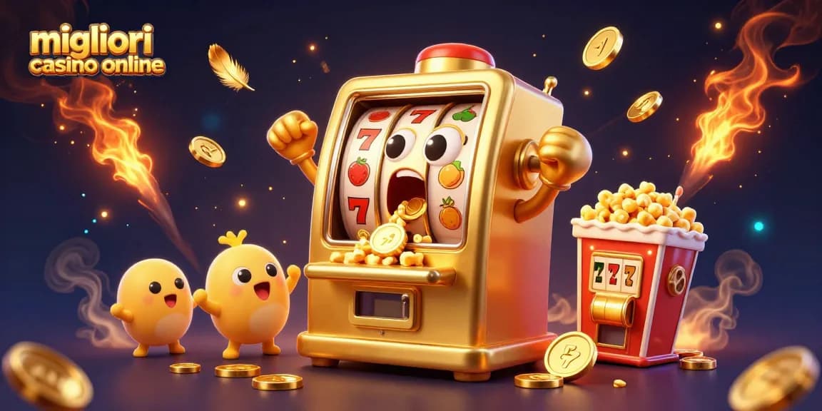 I migliori casino online presentano una slot machine d'oro che celebra un jackpot mentre i baby slot machine fanno il tifo.
