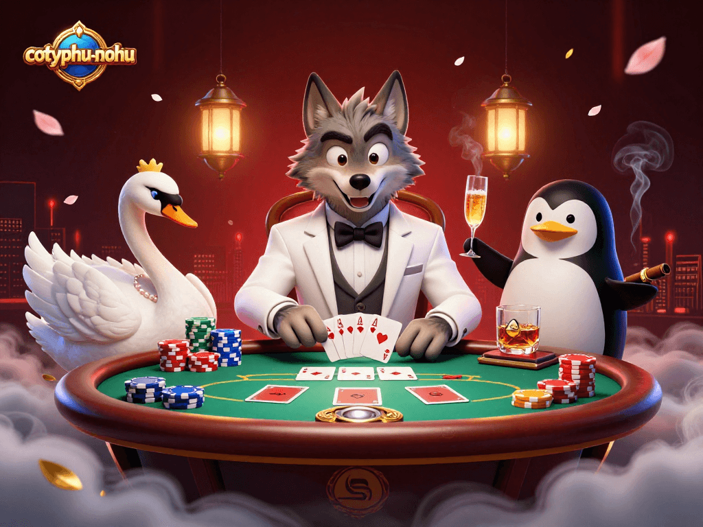 Cotyphu-nohu showcases a vibrant online gambling scene with characters at a baccarat table, emphasizing action and strategy.