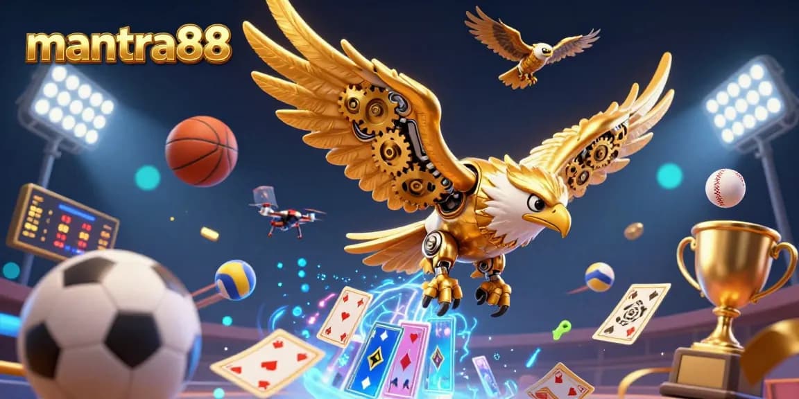 Experience vibrant winning at mantra88 with a cybernetic eagle soaring through holographic cards and sports elements.