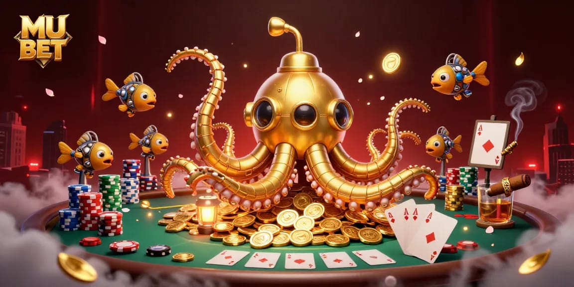 Engage with MU BET's 3D cartoon golden kraken submarine amid poker excitement and winnings.