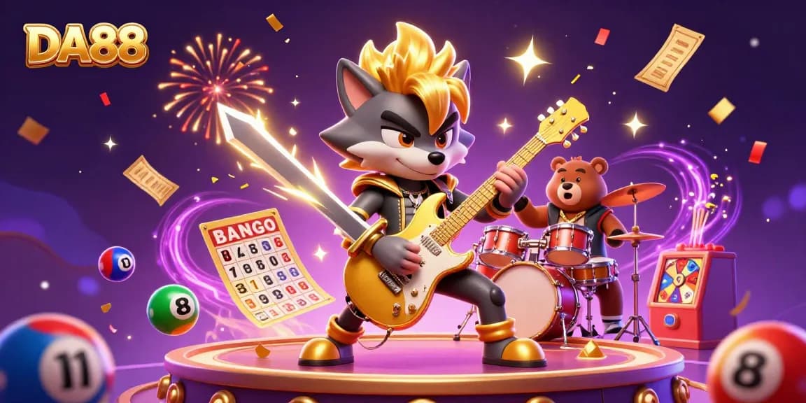 Engage with DA88 in a lively casino scene featuring a rock star wolf, colorful lottery balls, and casino excitement.