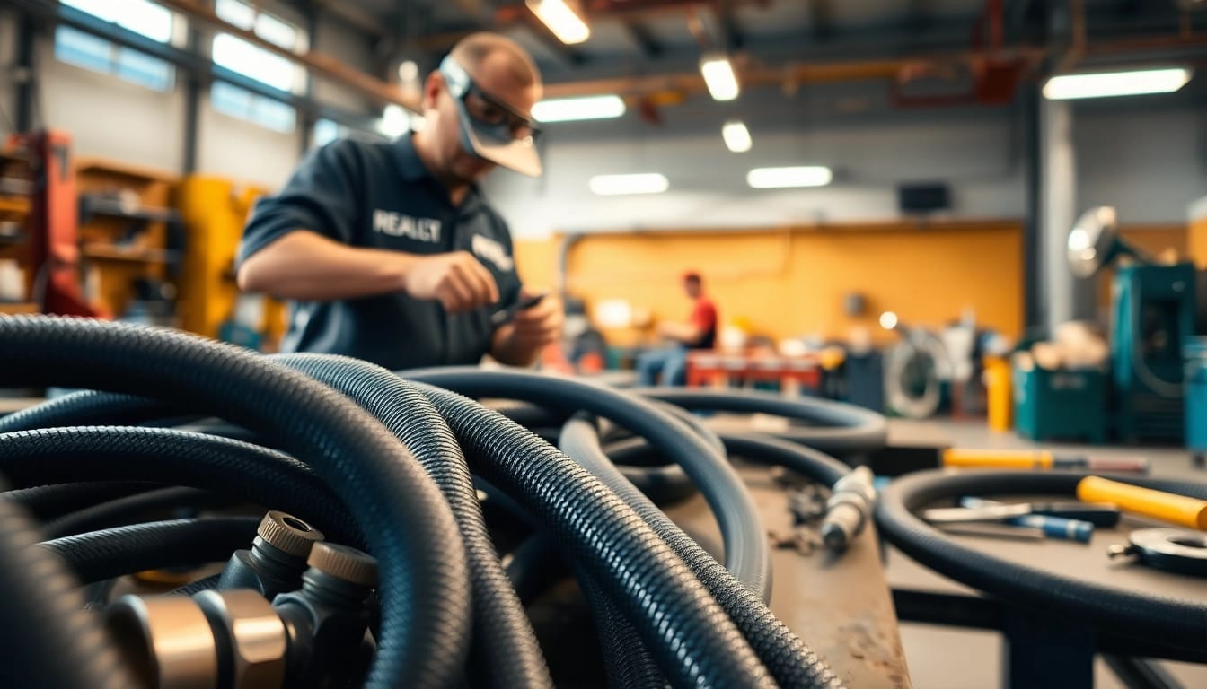 Technician performing hydraulic hose repair with precision tools in a well-equipped workshop.